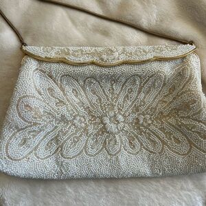 Cream Floral Beaded Wristlet Clutch